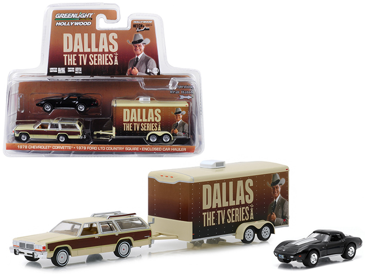 1979 Ford LTD Country Squire Wagon with 1978 Chevrolet Corvette and Enclosed Car Hauler "Dallas" (1978-1991) TV Series "Hollywood Hitch and Tow" Series 6 1/64 Diecast Models by Greenlight