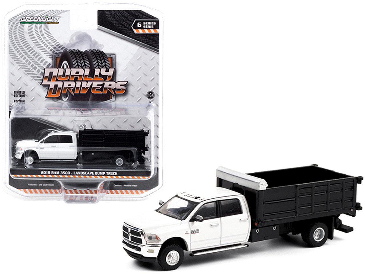 2018 Dodge Ram 3500 Dually Landscaper Dump Truck Bright White and Black "Dually Drivers" Series 6 1/64 Diecast Model Car by Greenlight