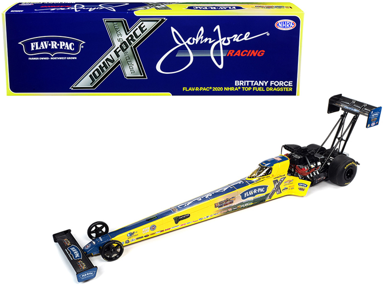 2020 NHRA Funny Car TFD (Top Fuel Dragster) Brittany Force "Flav-R-Pac" John Force Racing 1/24 Diecast Model Car by Autoworld