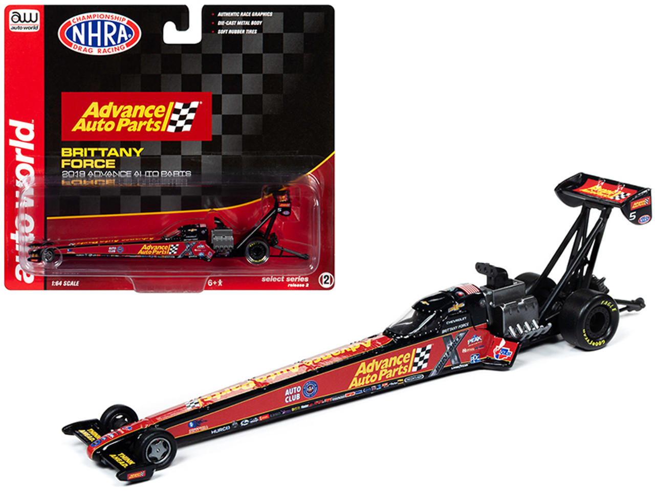 2019 NHRA TFD (Top Fuel Dragster) Brittany Force "Advance Auto Parts" 1/64 Diecast Model Car by Autoworld