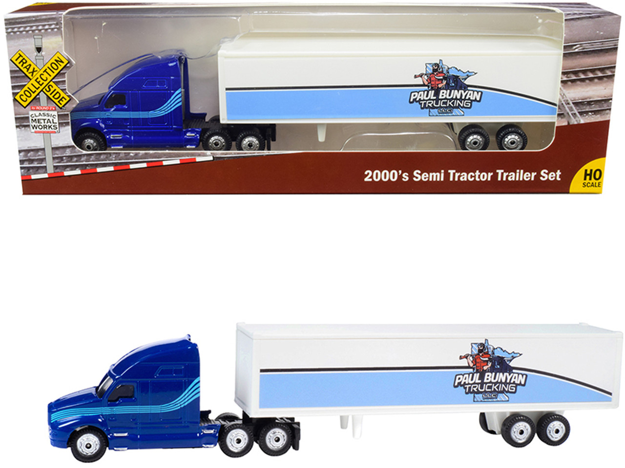 2000's Semi Tractor Trailer Truck Blue and White "Paul Bunyan Trucking LLC" "TraxSide Collection" 1/87 (HO) Scale Diecast Model by Classic Metal Works