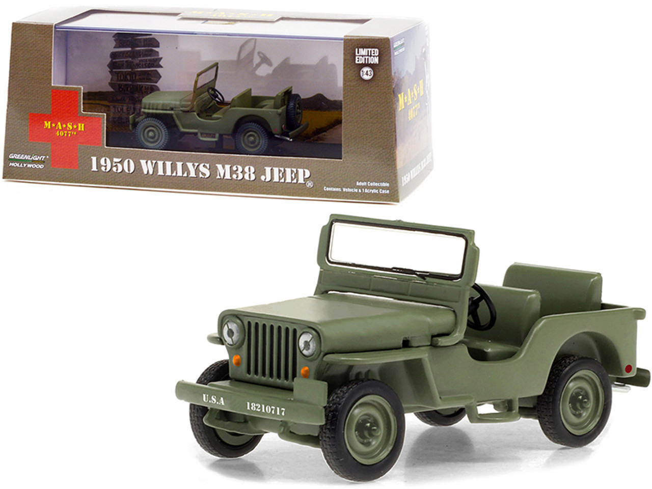 1950 Willys M38 Jeep Army Green "MASH" (1972-1983) TV Series 1/43 Diecast Model Car by Greenlight