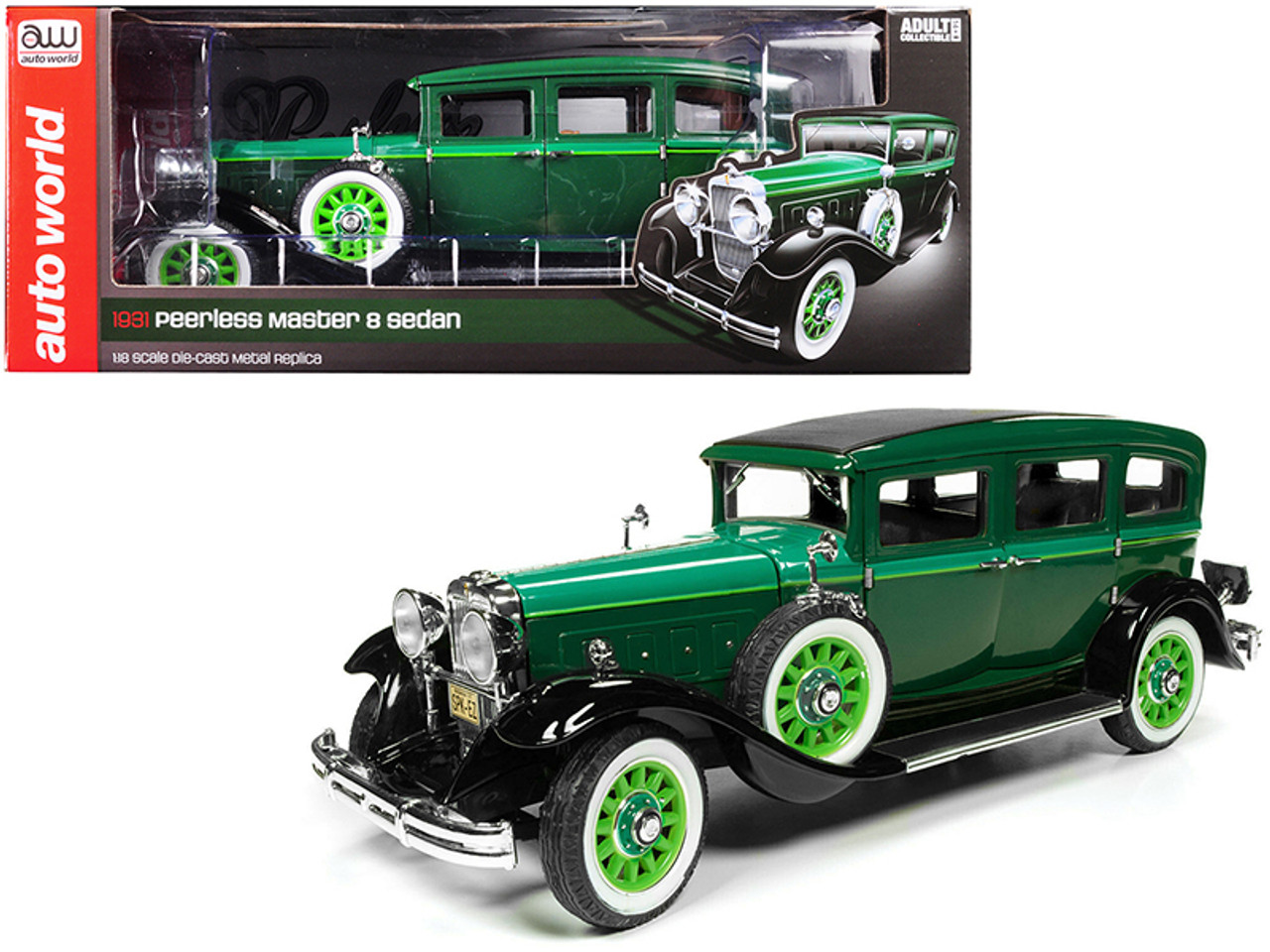 1931 Peerless Master 8 Sedan Dark Green with Light Green Hood 1/18 Diecast Model Car by Autoworld