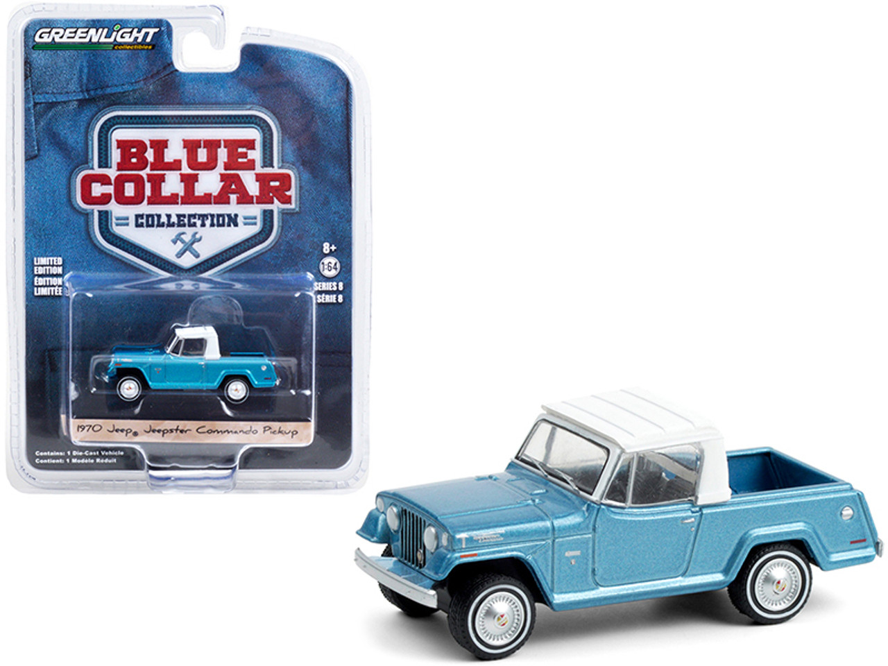 1970 Jeep Jeepster Commando Pickup Truck Light Blue Metallic with White Top "Blue Collar Collection" Series 8 1/64 Diecast Model Car by Greenlight