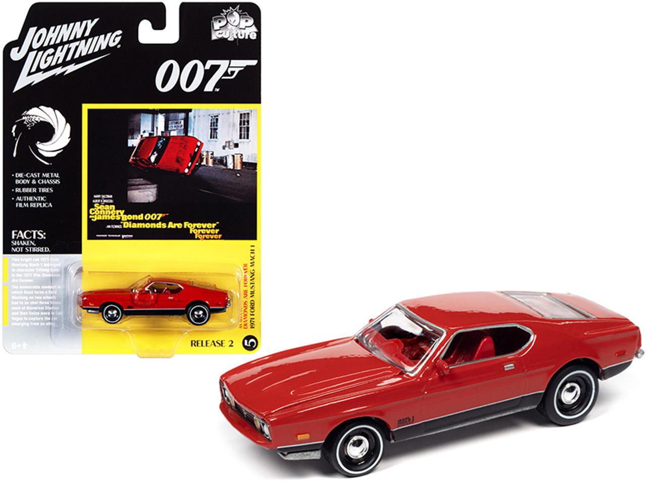 1971 Ford Mustang Mach 1 Bright Red with Black Bottom (James Bond 007) "Diamonds Are Forever" (1971) Movie "Pop Culture" Series 1/64 Diecast Model Car by Johnny Lightning