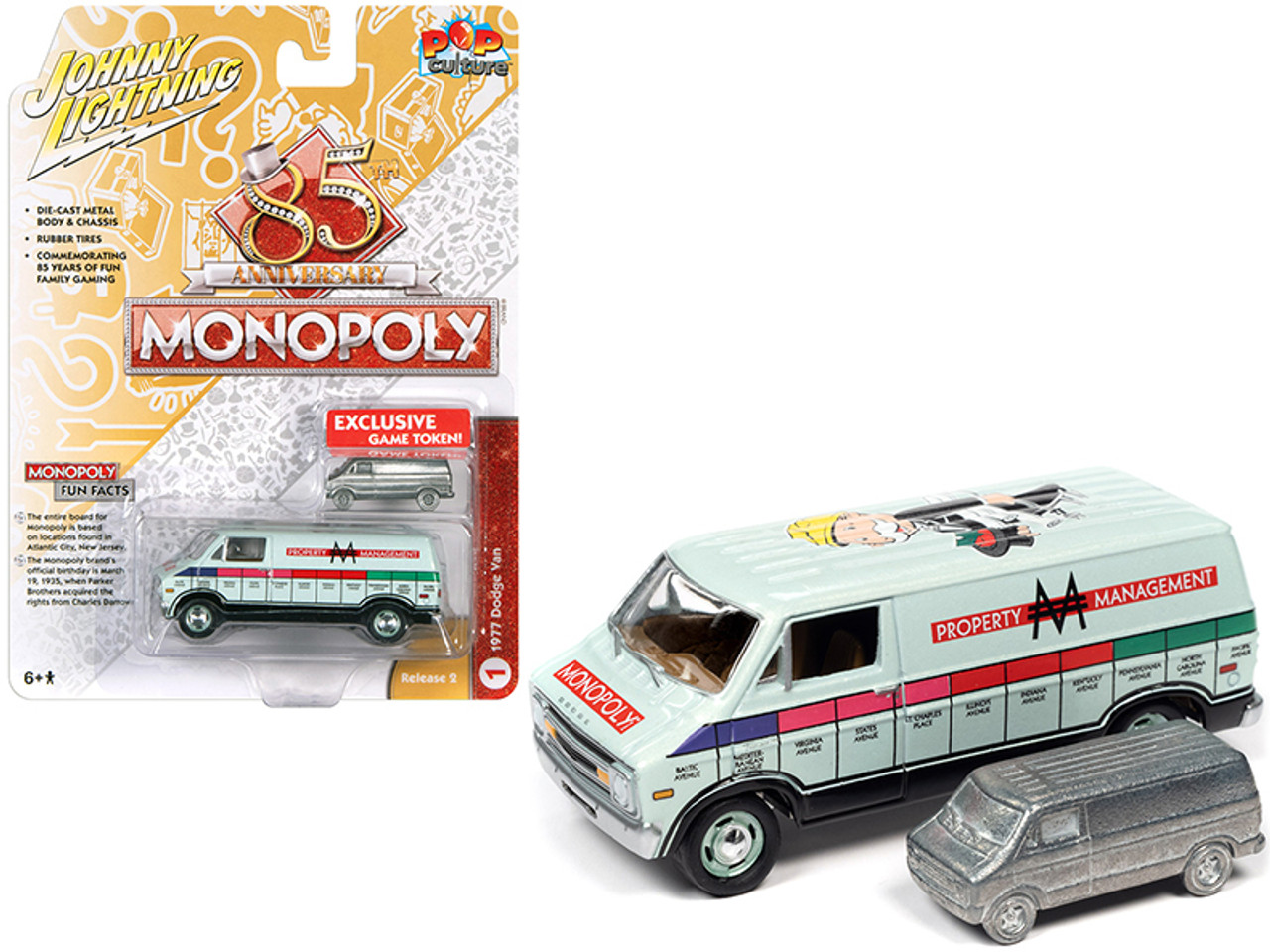 1977 Dodge Van Lime Green Metallic "Property Management" with Game Token "Monopoly 85th Anniversary" "Pop Culture" Series 1/64 Diecast Model Car by Johnny Lightning