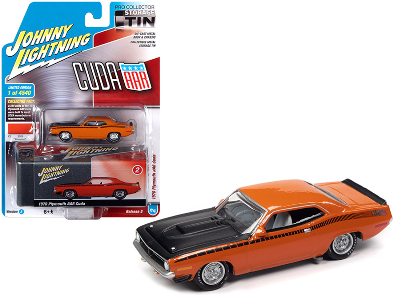 1970 Plymouth AAR Barracuda Vitamin C Orange with Black Stripes and Hood  and Collector Tin Limited Edition to 4540 pieces Worldwide 1/64 Diecast  Model