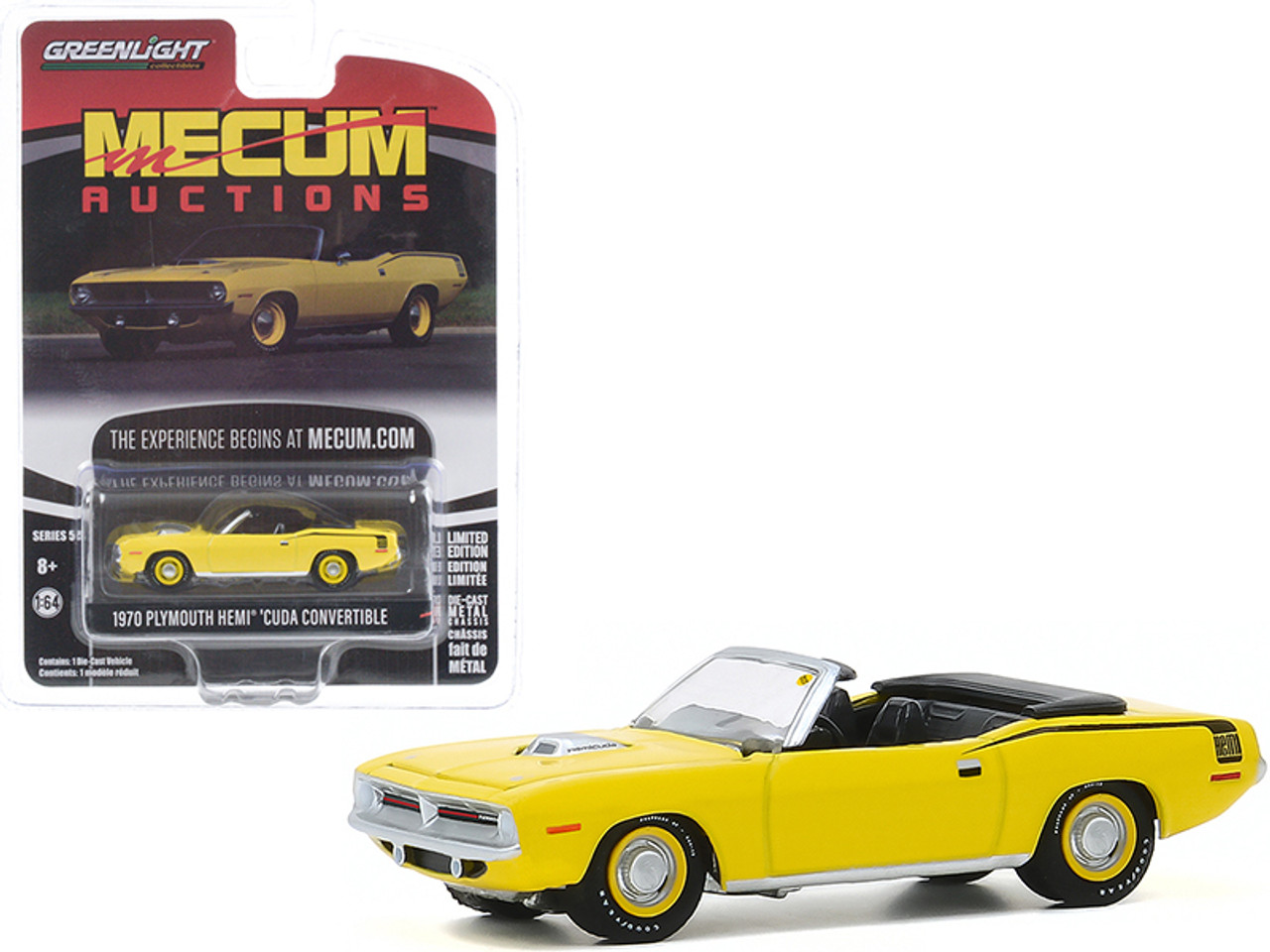 1970 Plymouth HEMI Barracuda Convertible Yellow with Black Stripes (Kissimmee 2016) "Mecum Auctions Collector Cars" Series 5 1/64 Diecast Model Car by Greenlight