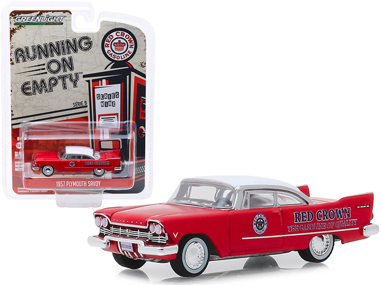 1957 Plymouth Savoy Red with White Top "Red Crown" "Running on Empty" Series 9 1/64 Diecast Model Car by Greenlight