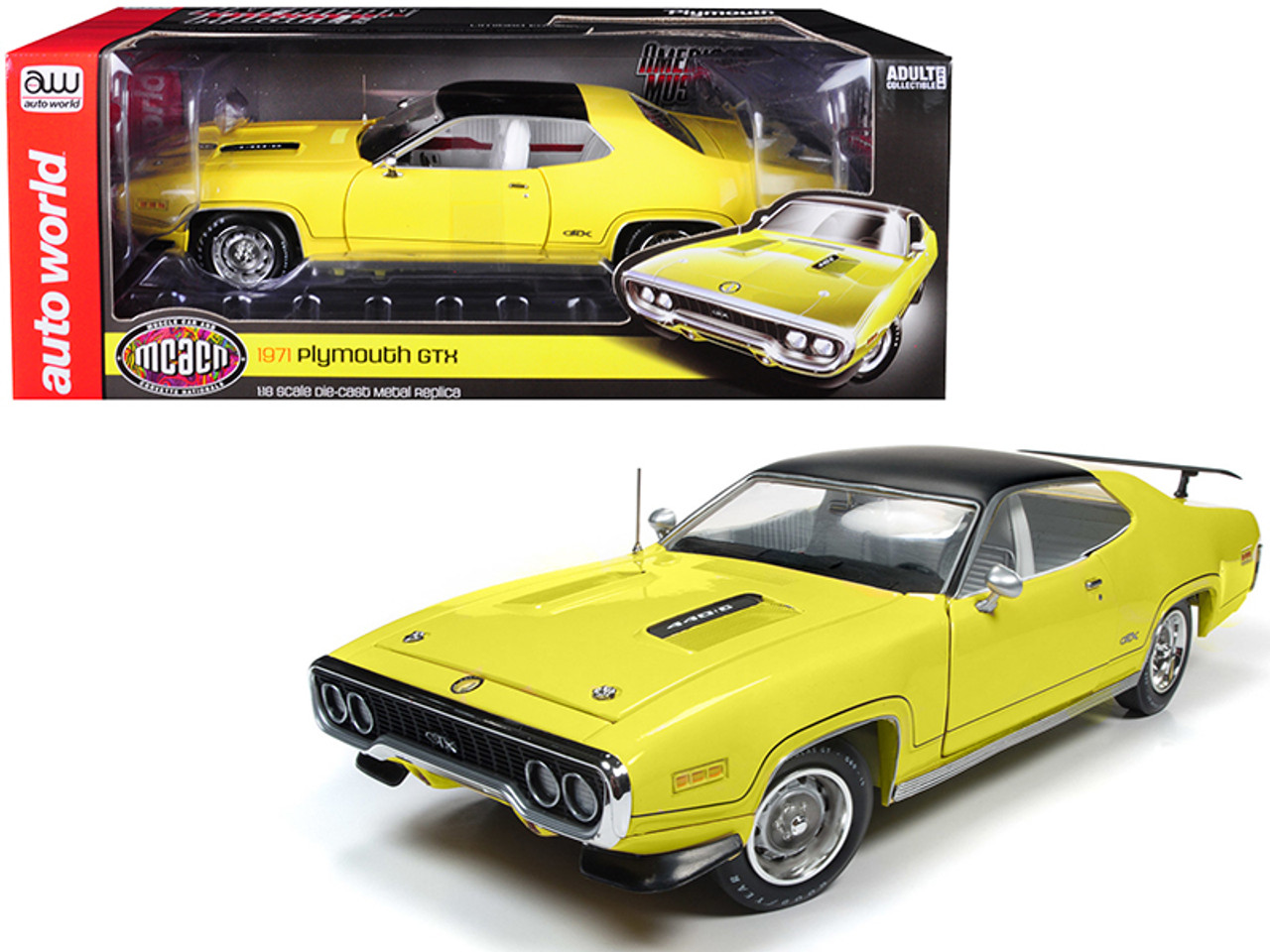 1971 Plymouth GTX Hardtop Lemon Twist with Black Top "Muscle Car & Corvette Nationals" (MCACN) Limited Edition to 996 pieces Worldwide 1/18 Diecast Model Car by Autoworld