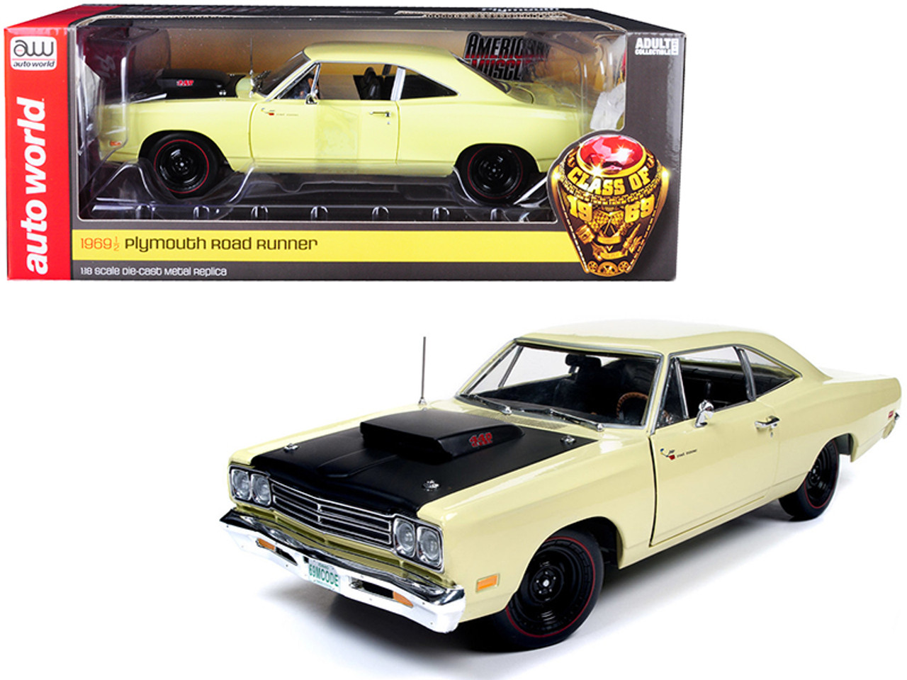 1969/5 Plymouth Road Runner Coupe Sunfire Yellow with Black Hood "Looney Tunes" "Class of 1969" Special Limited Edition 1/18 Diecast Model Car by Autoworld