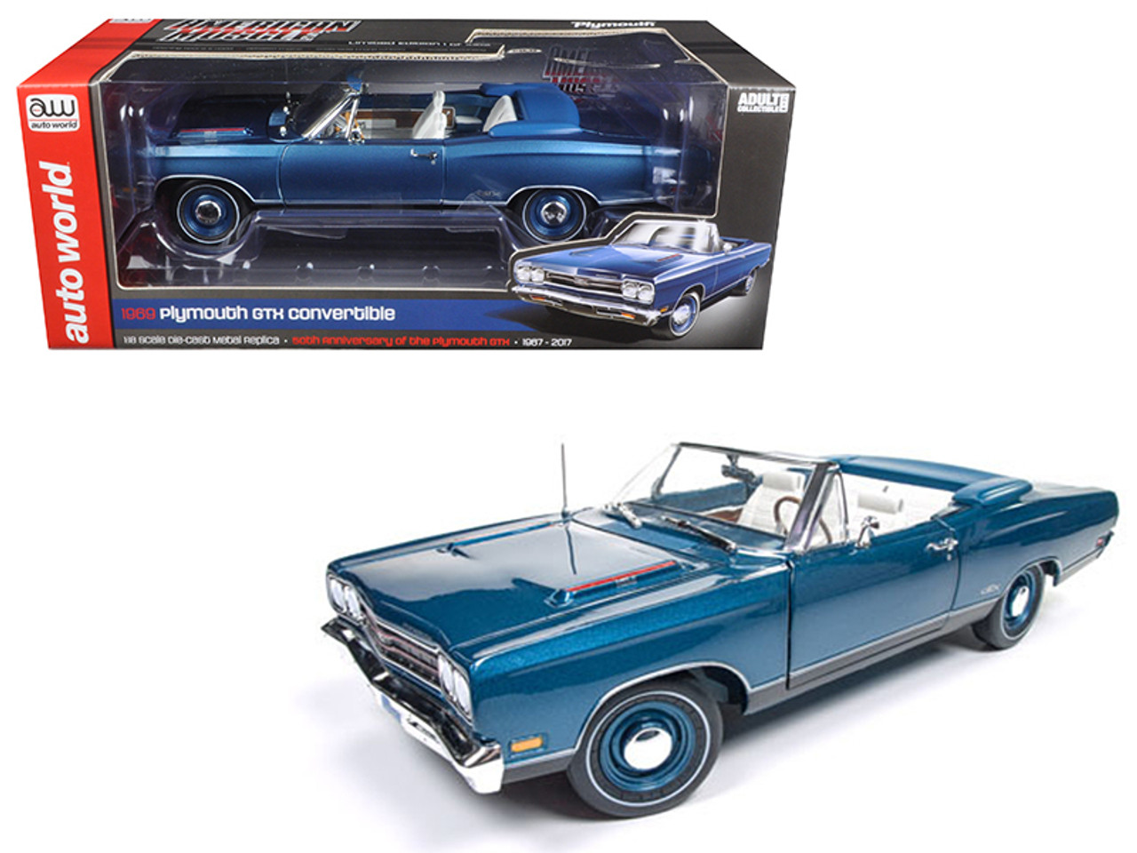 1969 Plymouth GTX Convertible Jamaican Blue Poly Limited Edition to 1002pcs 1/18 Diecast Model Car by Autoworld