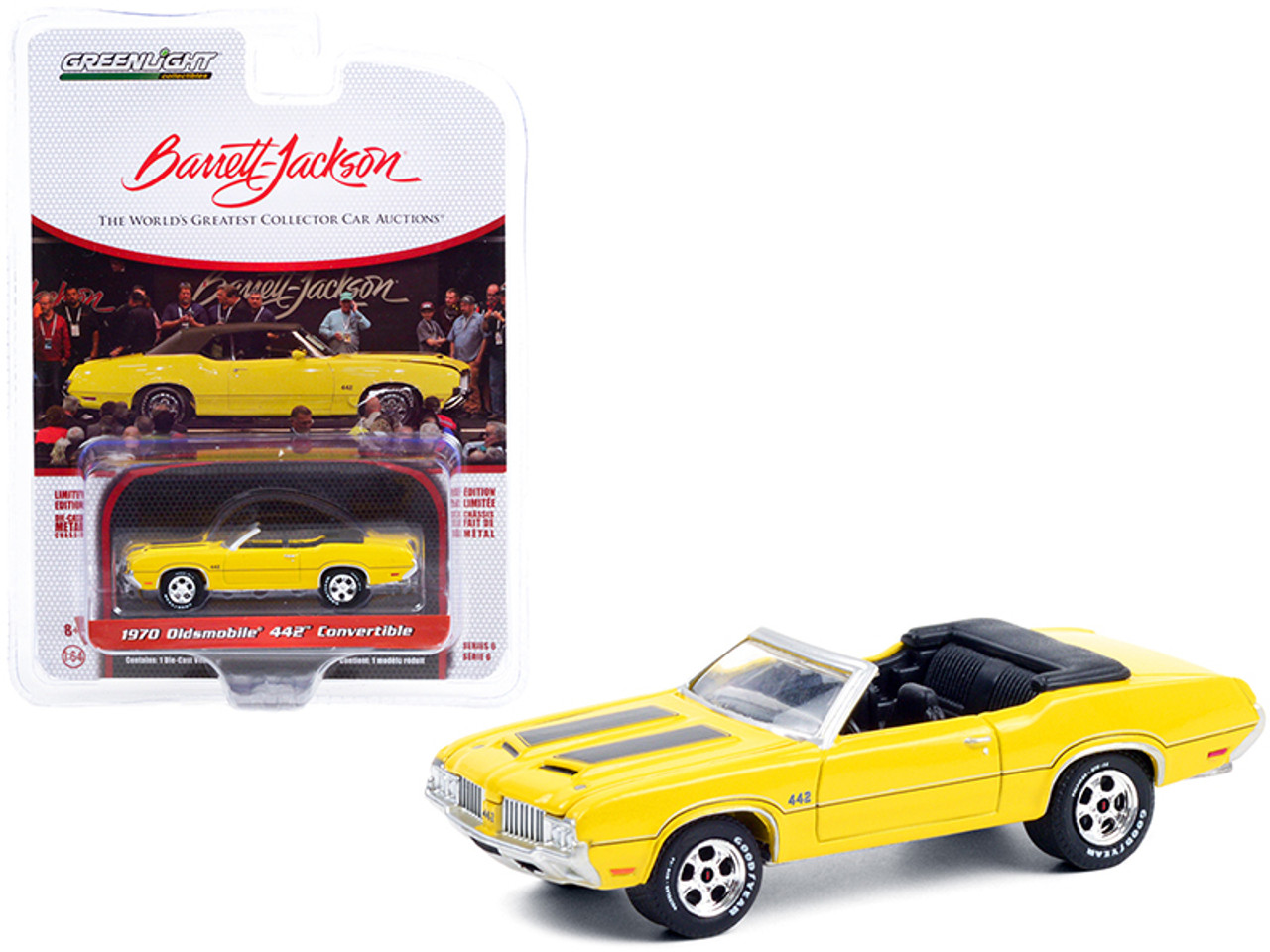 1970 Oldsmobile 442 Convertible Sebring Yellow with Black Stripes (Lot #743) Barrett Jackson "Scottsdale Edition" Series 6 1/64 Diecast Model Car by Greenlight