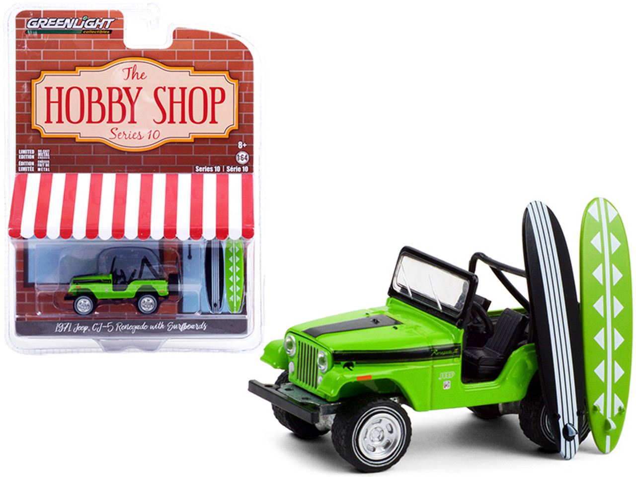 1971 Jeep CJ-5 Renegade Big Bad Green with Black Stripes with Two Surfboards "The Hobby Shop" Series 10 1/64 Diecast Model Car by Greenlight