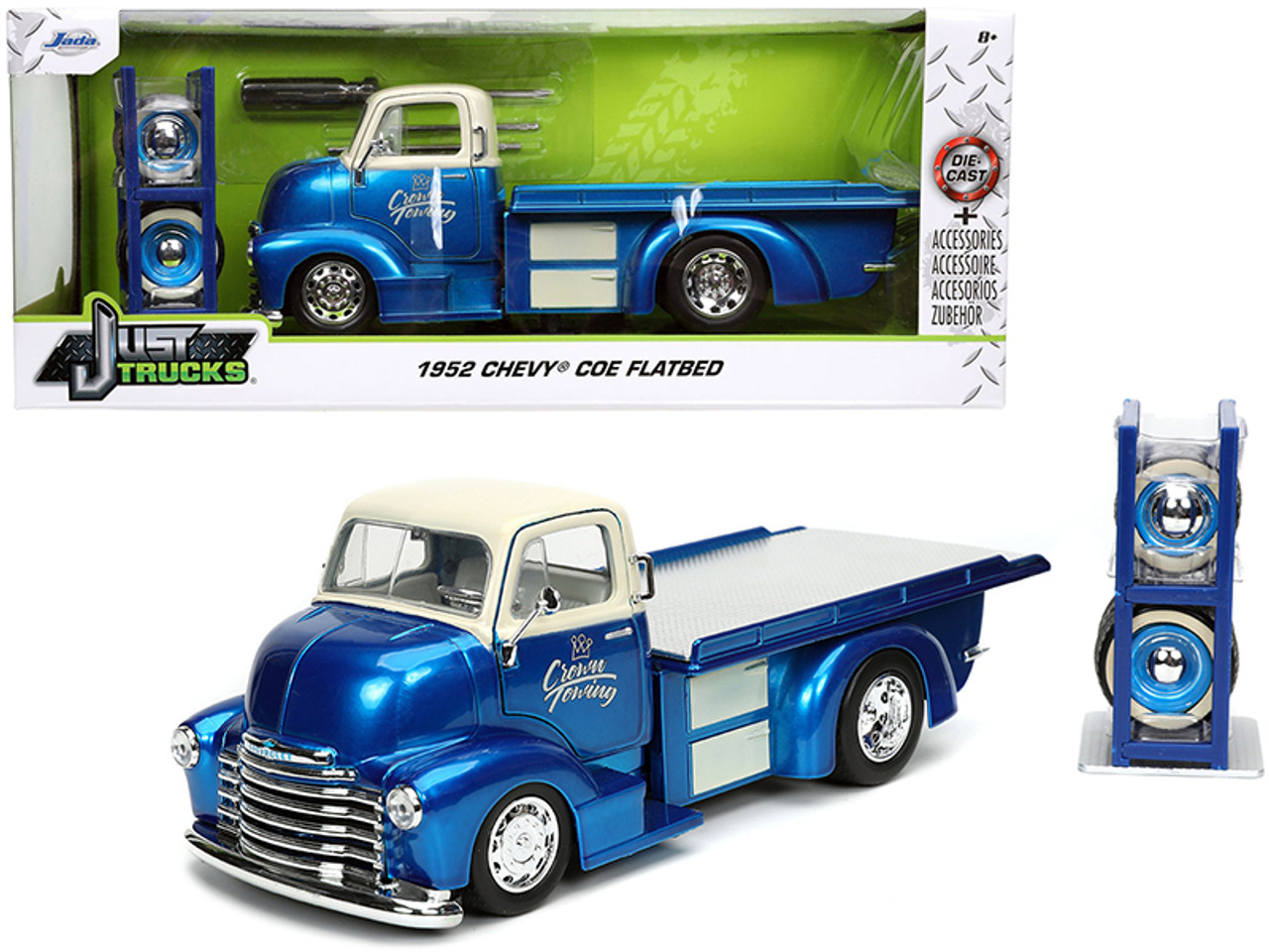 1952 Chevrolet COE Flatbed Tow Truck "Crown Towing" Candy Blue and Cream with Extra Wheels "Just Trucks" Series 1/24 Diecast Model Car by Jada