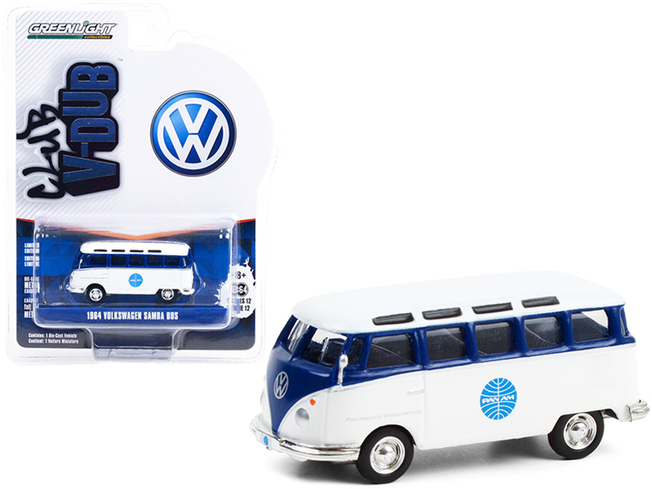 1964 Volkswagen Samba Bus "Pan Am Airways" Blue and White "Club Vee V-Dub" Series 12 1/64 Diecast Model by Greenlight