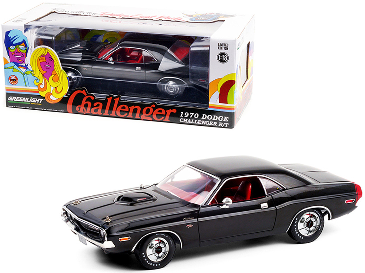 1970 Dodge Challenger R/T 440 Six Pack Black with Red Interior and Deluxe Wheel Covers 1/18 Diecast Model Car by Greenlight