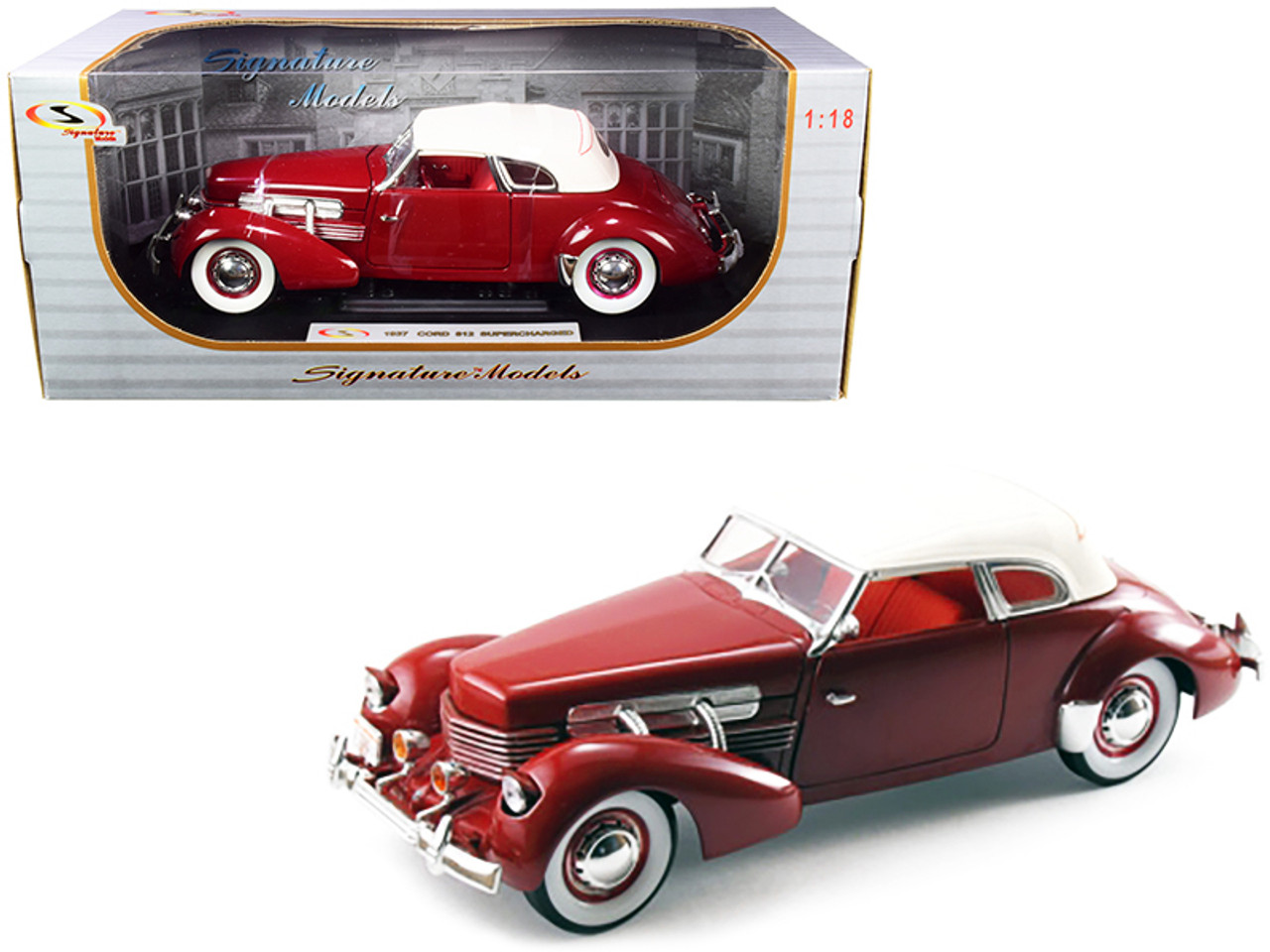1937 Cord 812 Supercharged Coupe Burgundy with White Top 1/18 Diecast Model Car by Signature Models