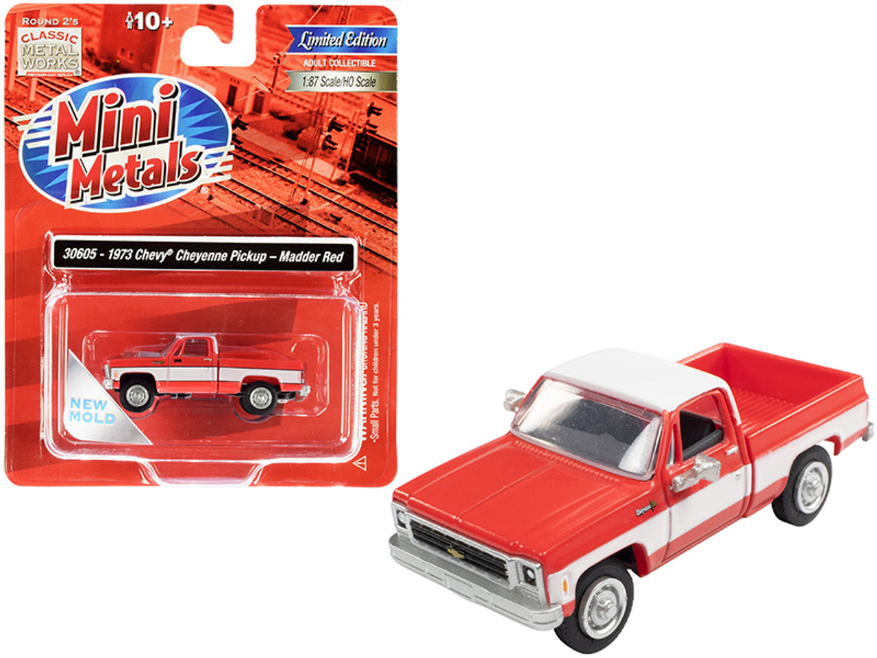 1973 Chevrolet Cheyenne Pickup Truck Madder Red and White 1/87 (HO) Scale Model Car by Classic Metal Works