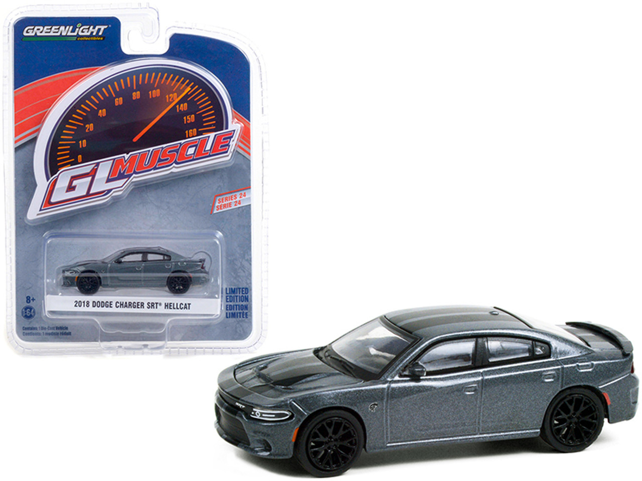 2018 Dodge Charger SRT Hellcat Granite Crystal Gray Metallic with Black Stripes "Greenlight Muscle" Series 24 1/64 Diecast Model Car by Greenlight