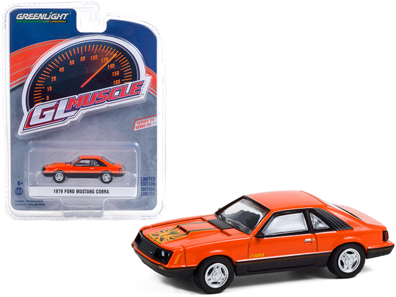 1979 Ford Mustang Cobra Tangerine Orange and Black with Graphics "Greenlight Muscle" Series 24 1/64 Diecast Model Car by Greenlight