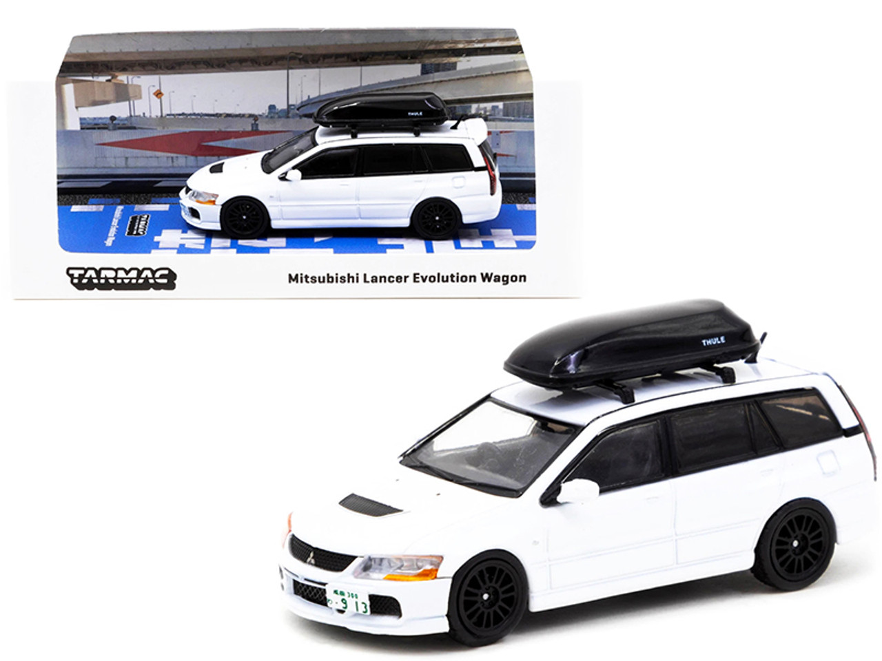 Mitsubishi Lancer Evolution Wagon with Roof Box White 1/64 Diecast Model Car by Tarmac Works