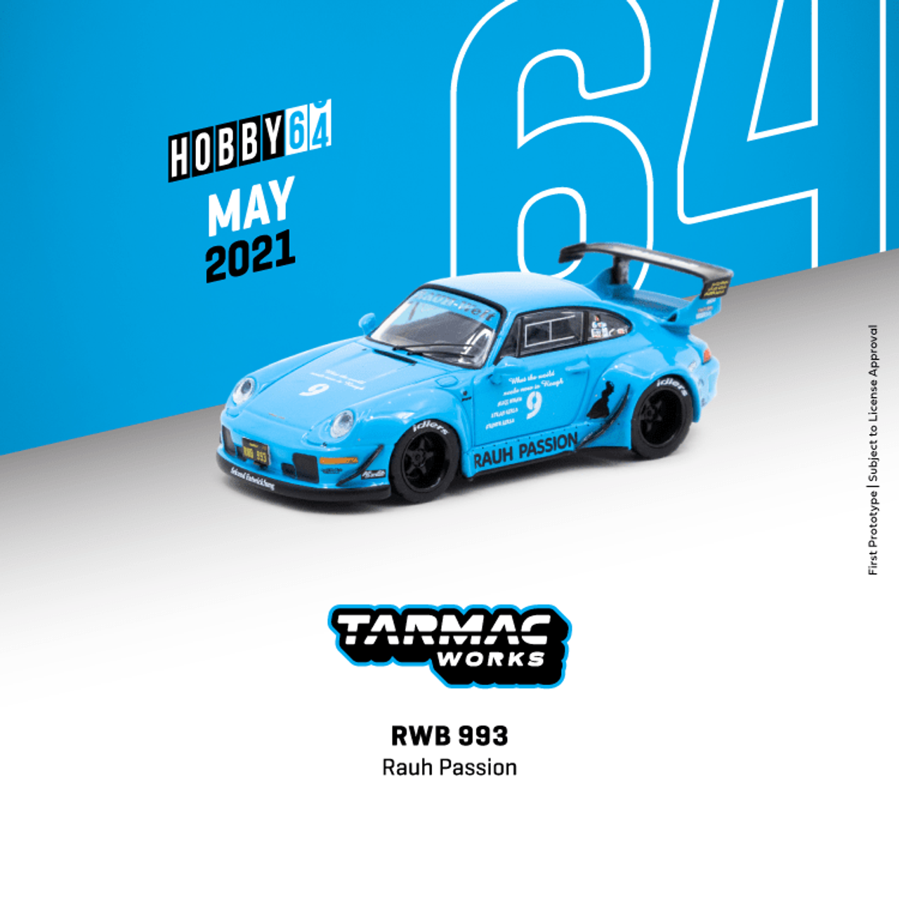 Porsche RWB 993 #9 "Rauh Passion" Bright Blue with Graphics 1/64 Diecast Model Car by Tarmac Works