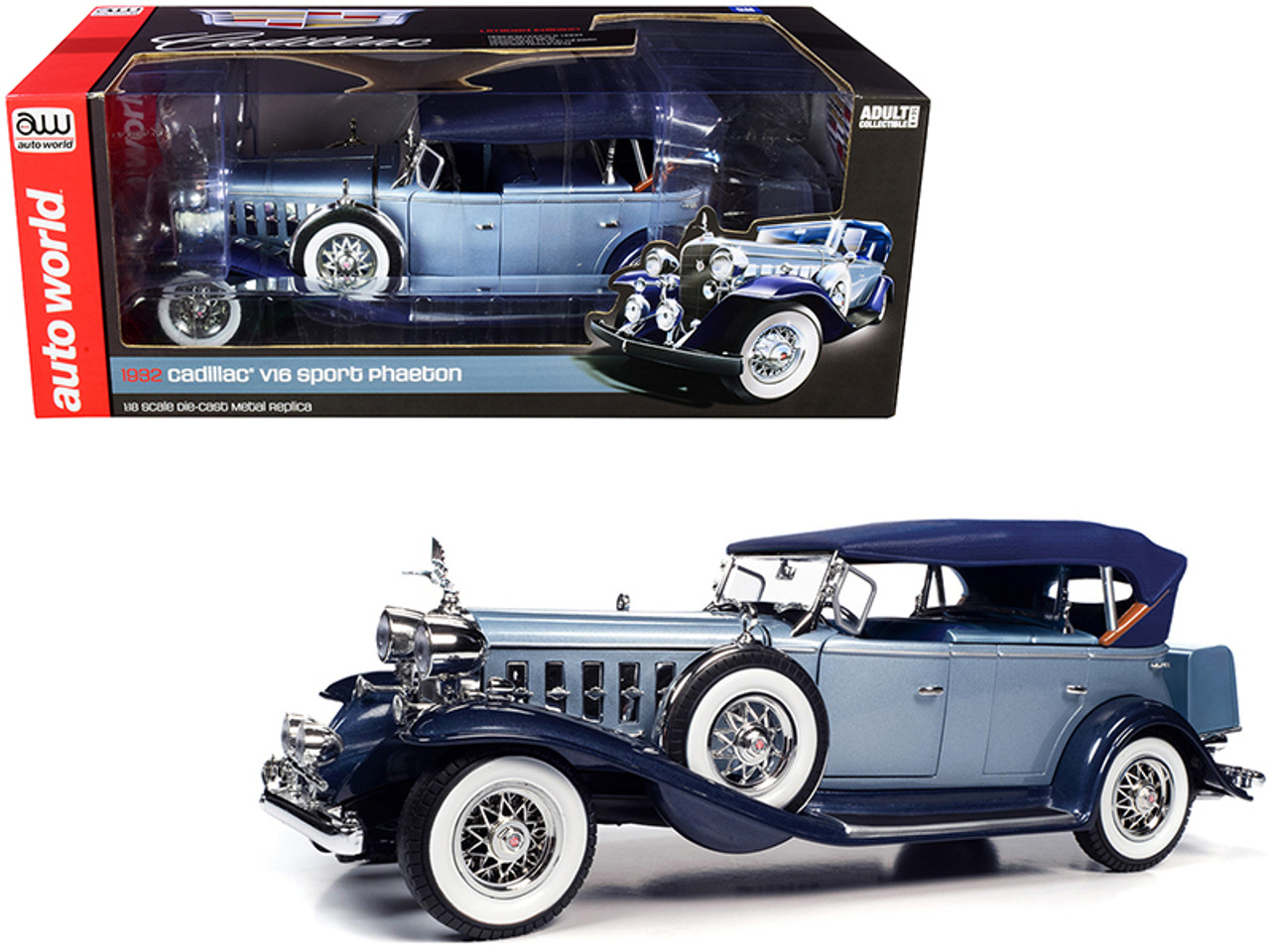 1932 Cadillac V16 Sports Phaeton Metallic Light Silver Blue and Enamel Dark Blue 1/18 Diecast Model Car by Autoworld