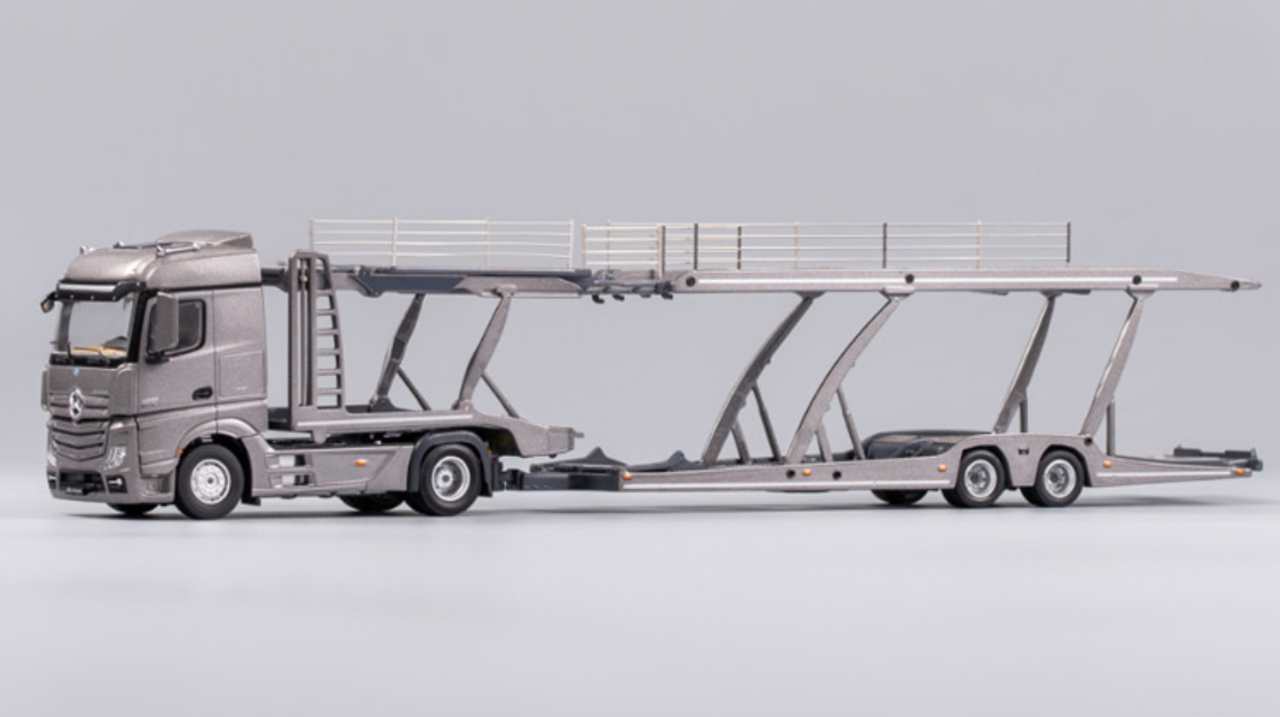 1/64 GCD Mercedes-Benz Truck Header with Double Level Trailers (Silver Grey) Diecast Model