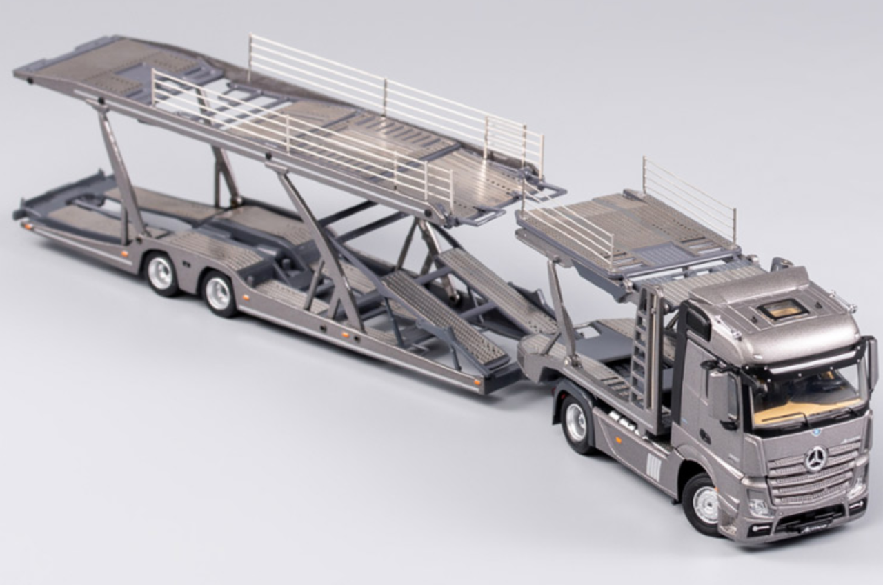 1/64 GCD Mercedes-Benz Truck Header with Double Level Trailers (Silver Grey) Diecast Model