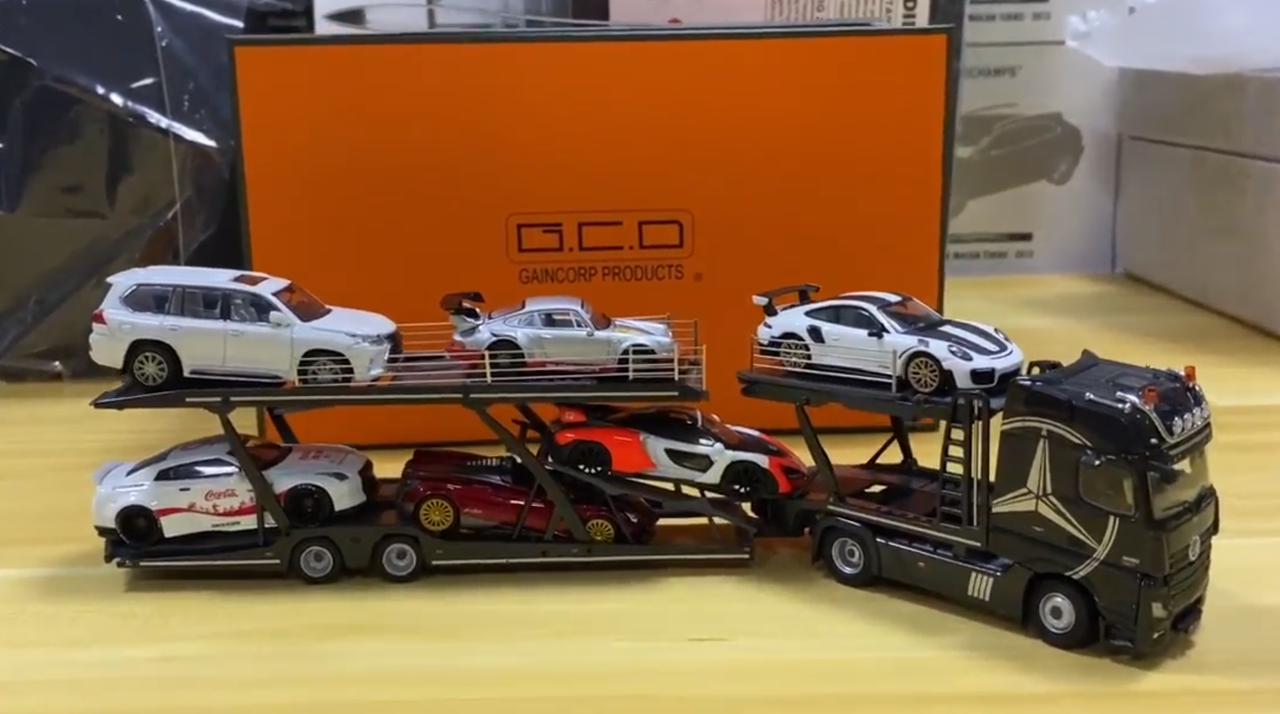 1/64 GCD Mercedes-Benz Truck Header with Double Level Trailers (Silver Grey) Diecast Model