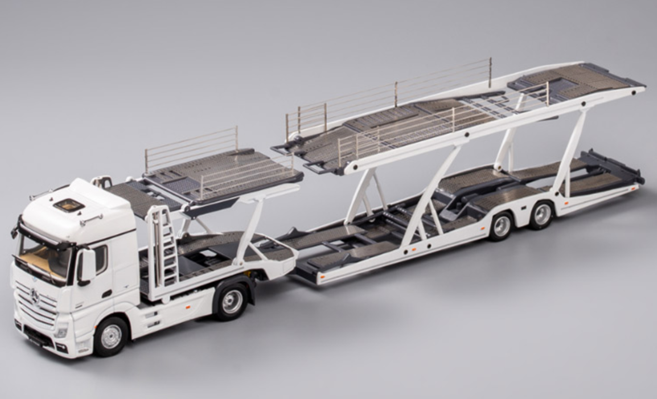 1/64 GCD Mercedes-Benz Truck Header with Double Level Trailers (White) Diecast Model