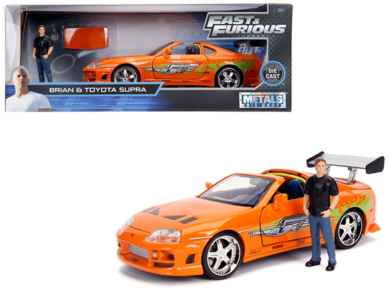 1/24 Jada Toyota Supra Orange Metallic with Brian Diecast Figurine 