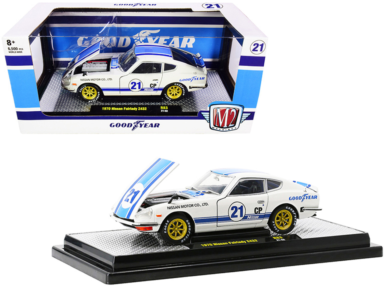 1970 Nissan Fairlady Z432 #21 "Goodyear" White with Blue Stripes Limited Edition to 6500 pieces Worldwide 1/24 Diecast Model Car by M2 Machines