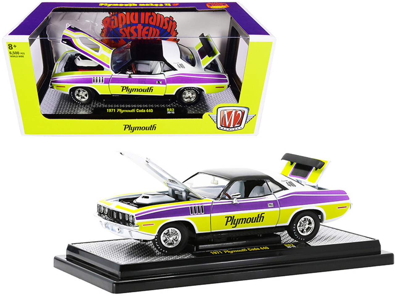 1971 Plymouth Barracuda 440 Pearl White and Black with Curious Yellow and Violet-Metallic Stripes Limited Edition to 6500 pieces Worldwide 1/24 Diecast Model Car by M2 Machines