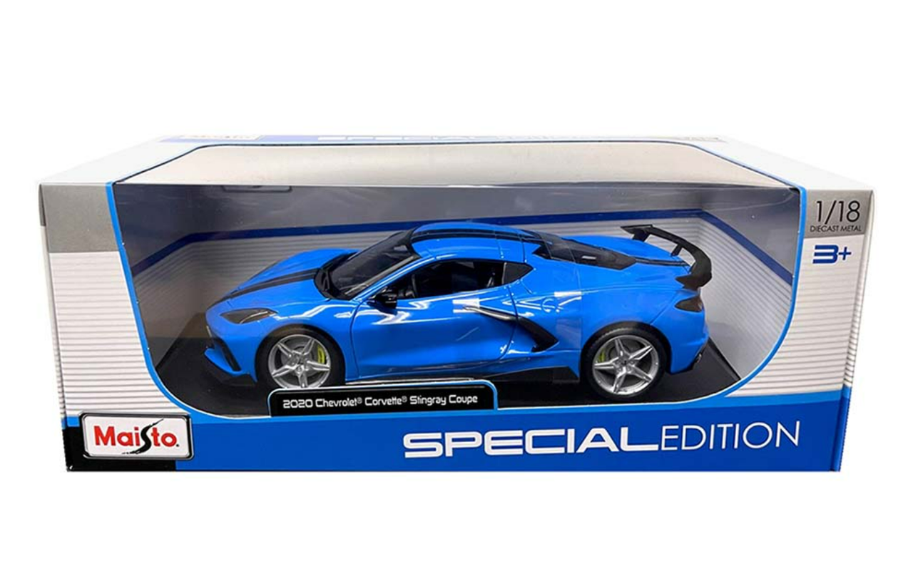 1/18 2020 Chevrolet Chevy Corvette C8 Stingray Coupe High Wing (Blue With Black Racing Stripes) Diecast Car Model