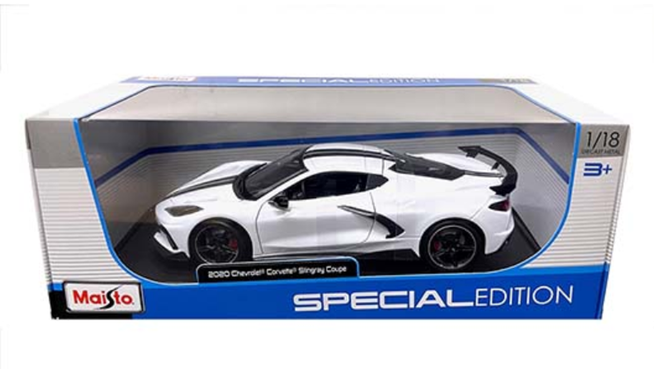 1/18 2020 Chevrolet Chevy Corvette C8 Stingray Coupe High Wing (White With Black Racing Stripes) Diecast Car Model