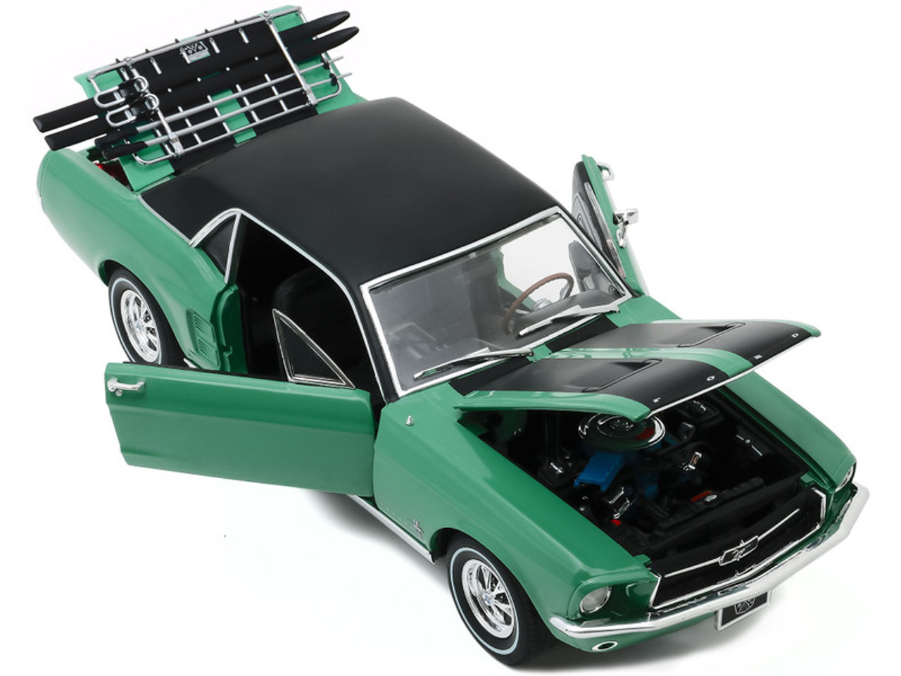 1967 Ford Mustang Coupe Loveland Green Metallic with Black Stripes and Black Top and a Pair of Skis "Ski Country Special" 1/18 Diecast Model Car by Greenlight 1967 Ford Mustang Coupe Loveland Green Metallic with Black Stripes and Black Top and a Pair of Skis "Ski Country Special" 1/18 Diecast Model Car by Greenlight