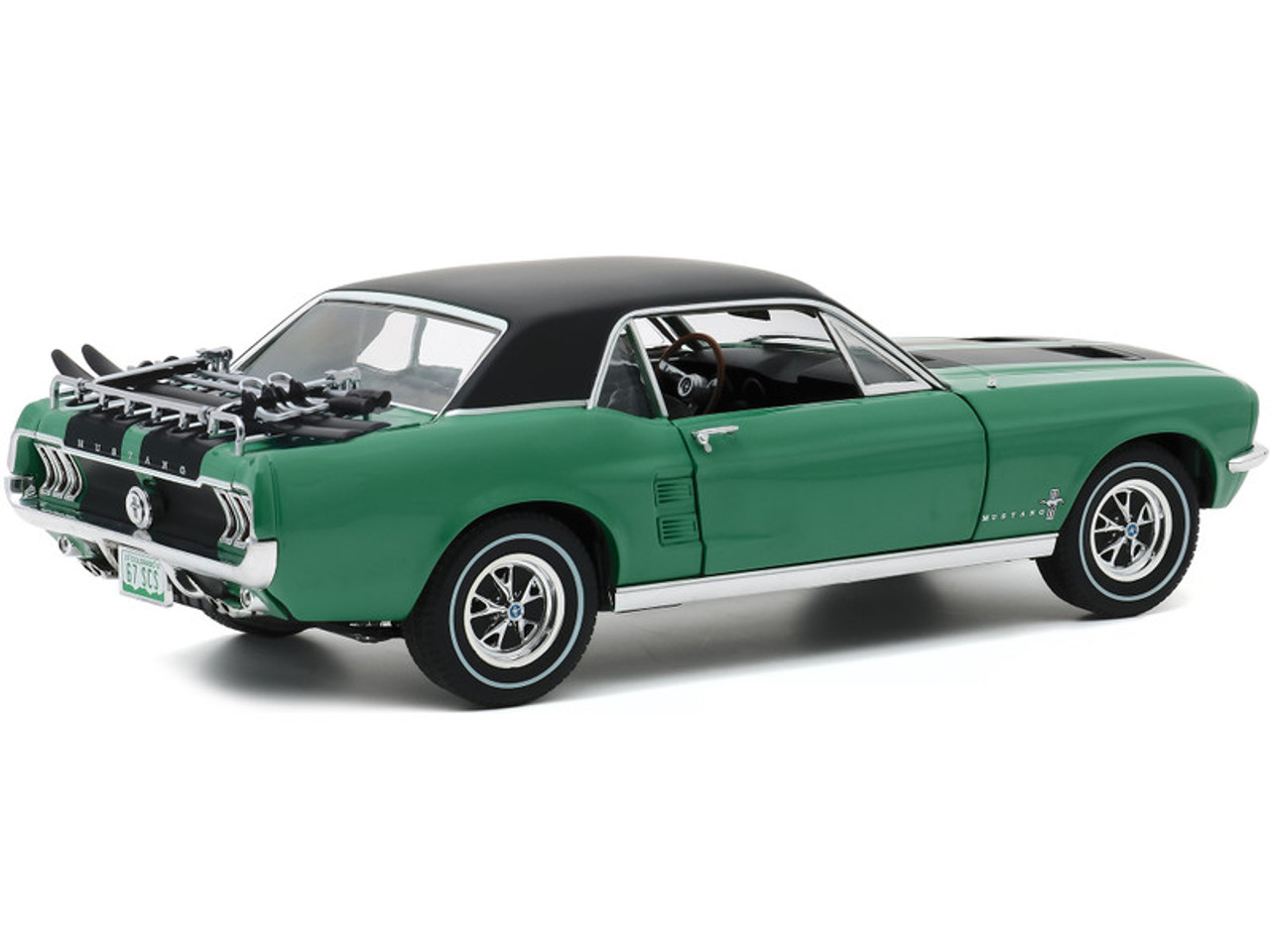 1967 Ford Mustang Coupe Loveland Green Metallic with Black Stripes and Black Top and a Pair of Skis "Ski Country Special" 1/18 Diecast Model Car by Greenlight 1967 Ford Mustang Coupe Loveland Green Metallic with Black Stripes and Black Top and a Pair of Skis "Ski Country Special" 1/18 Diecast Model Car by Greenlight