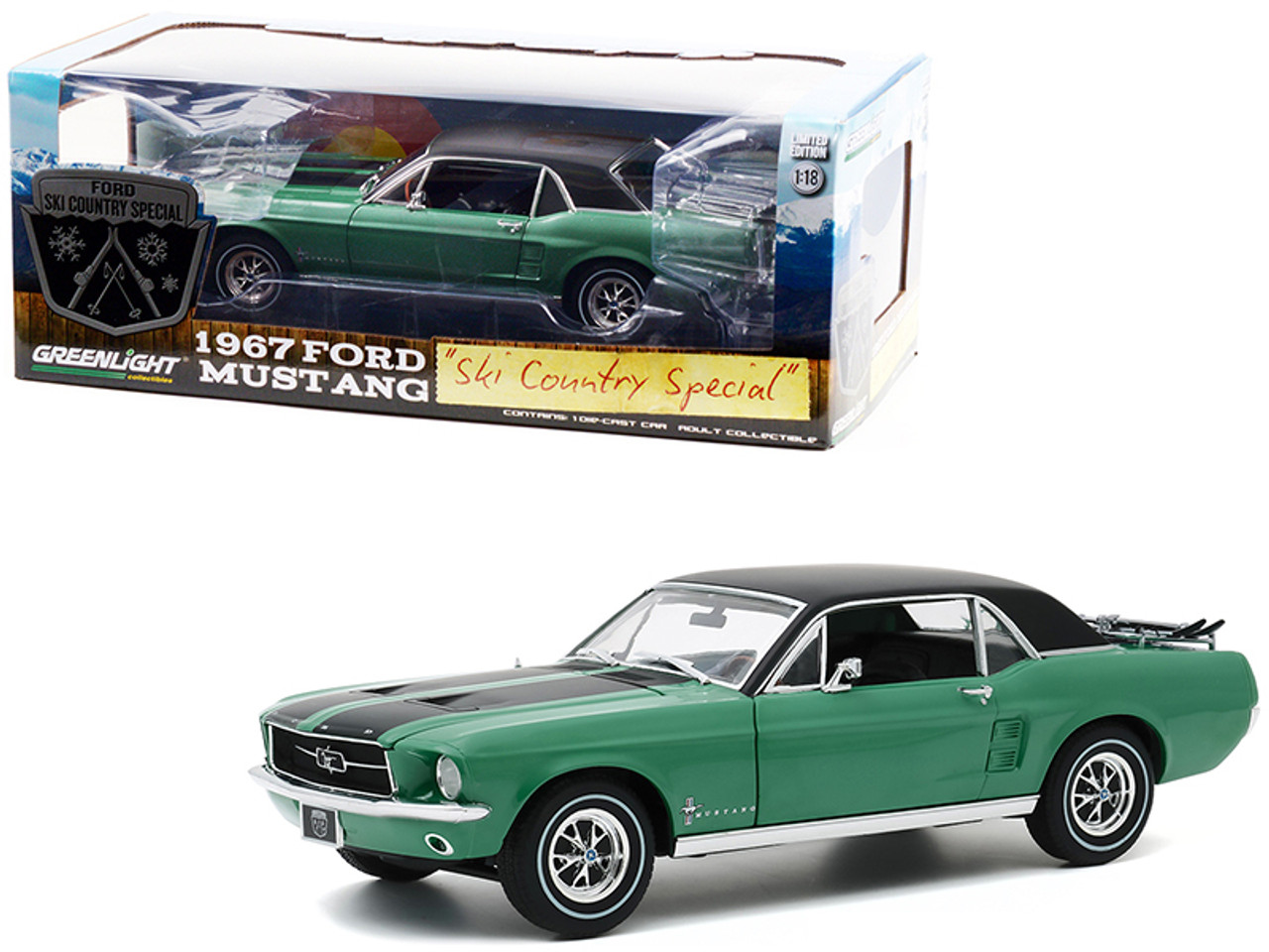 1967 Ford Mustang Coupe Loveland Green Metallic with Black Stripes and Black Top and a Pair of Skis "Ski Country Special" 1/18 Diecast Model Car by Greenlight