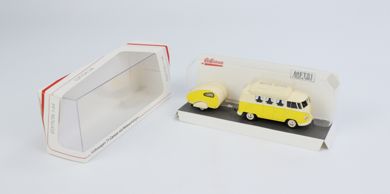 Volkswagen T1 Camper Bus with Travel Trailer Yellow and Cream 1/64 Diecast Models by Schuco