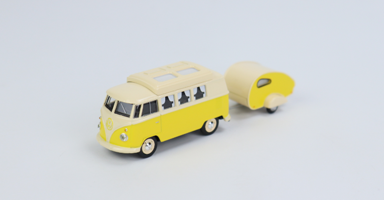 Volkswagen T1 Camper Bus with Travel Trailer Yellow and Cream 1/64 Diecast Models by Schuco