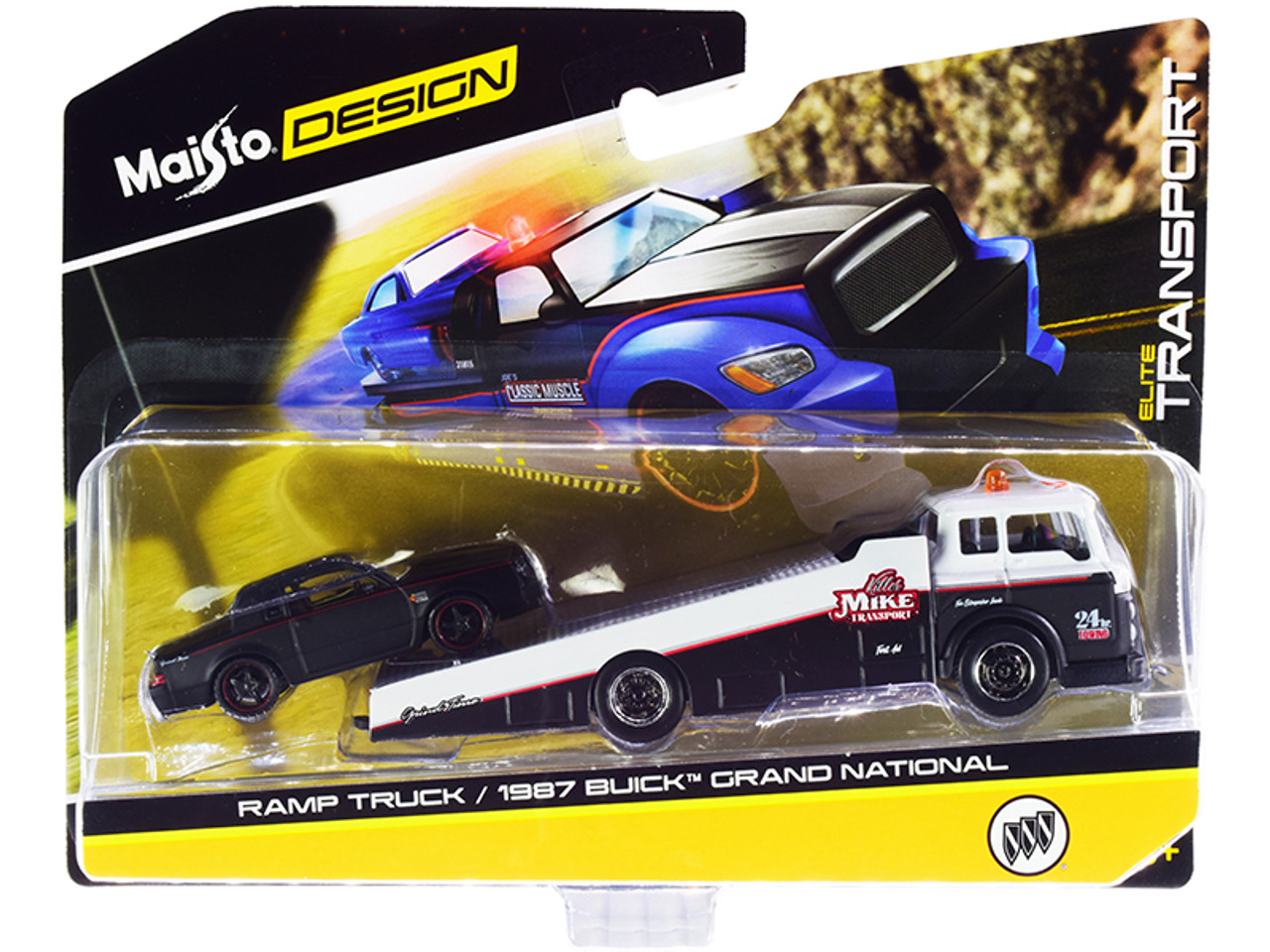 1987 Buick Grand National Matt Black with Red Stripes and Ramp Truck Black and White "Elite Transport" Series 1/64 Diecast Models by Maisto
