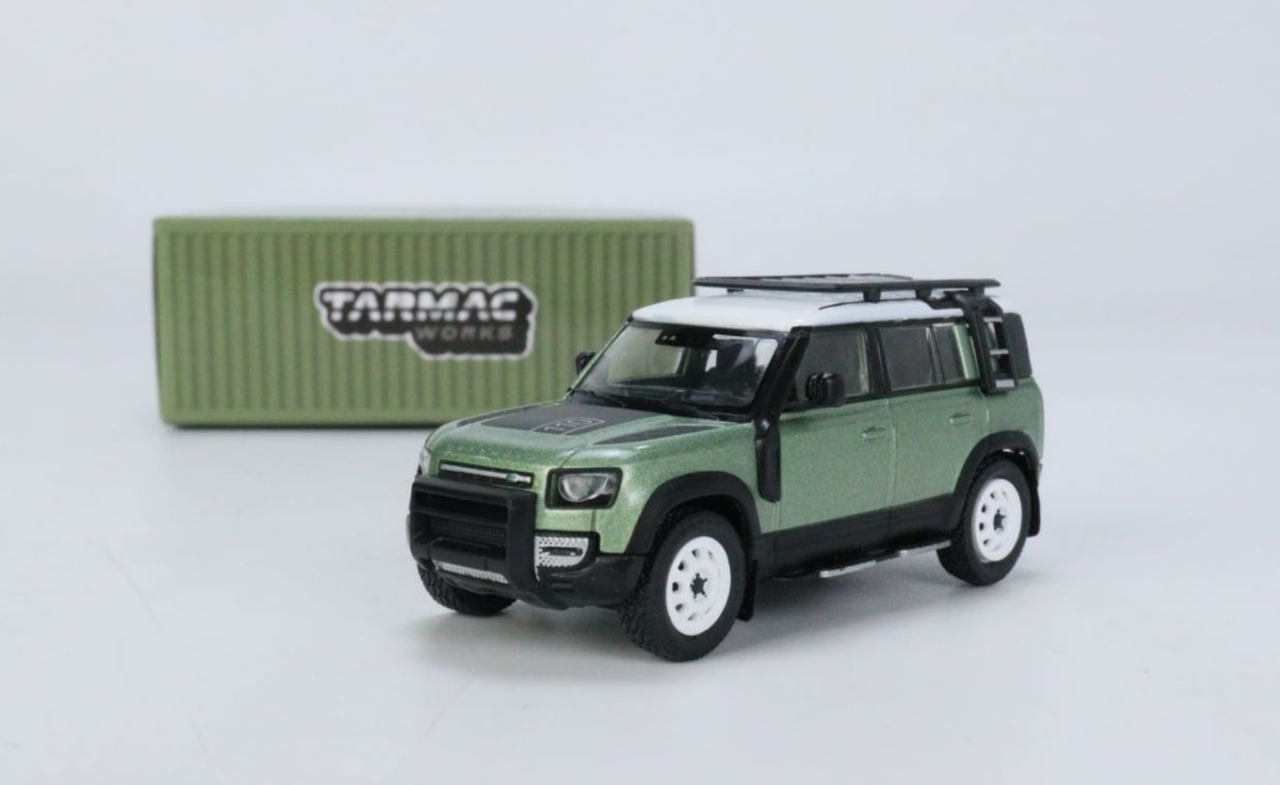 Land Rover Defender 110 with Roof Rack Light Green Metallic with White Top 1/64 Diecast Model Car by Tarmac Works