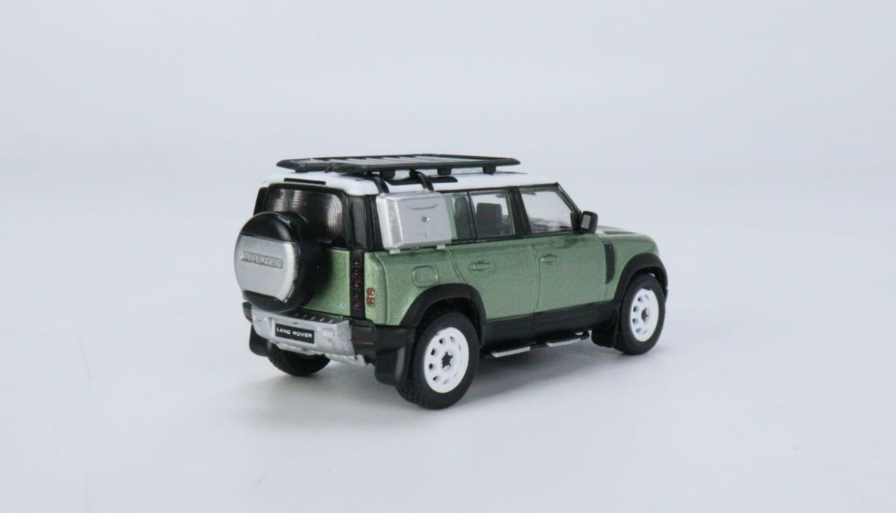 Land Rover Defender 110 with Roof Rack Light Green Metallic with White Top 1/64 Diecast Model Car by Tarmac Works