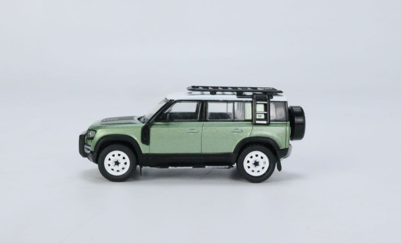 Land Rover Defender 110 with Roof Rack Light Green Metallic with White Top 1/64 Diecast Model Car by Tarmac Works