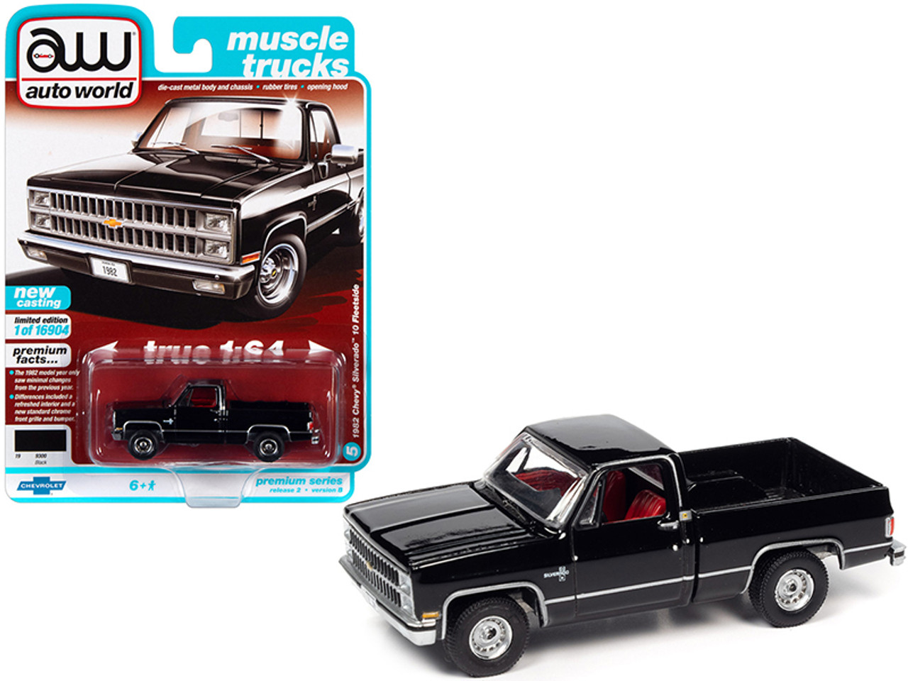 1982 Chevrolet Silverado 10 Fleetside Pickup Truck Black with Red Interior "Muscle Trucks" Limited Edition to 16904 pieces Worldwide 1/64 Diecast Model Car by Autoworld