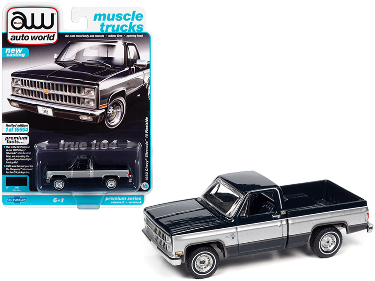 1982 Chevrolet Silverado 10 Fleetside Pickup Truck Dark Blue with Silver Sides "Muscle Trucks" Limited Edition to 16904 pieces Worldwide 1/64 Diecast Model Car by Autoworld