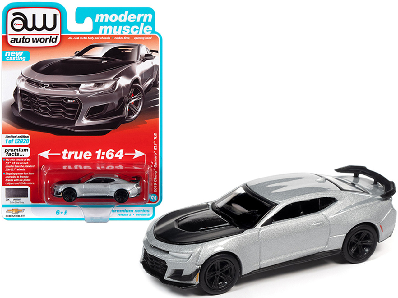 2019 Chevrolet Camaro ZL1 1LE Satin Steel Gray Metallic with Black Hood "Modern Muscle" Limited Edition to 12920 pieces Worldwide 1/64 Diecast Model Car by Autoworld