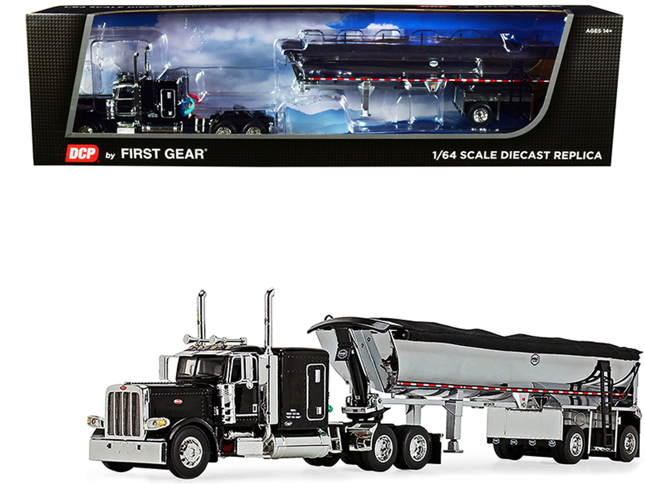 Peterbilt 389 with 63" Flattop Sleeper Cab and MAC Half Round End Dump Spread-Axle Trailer with Tarp Black and Chrome 1/64 Diecast Model by DCP/First Gear